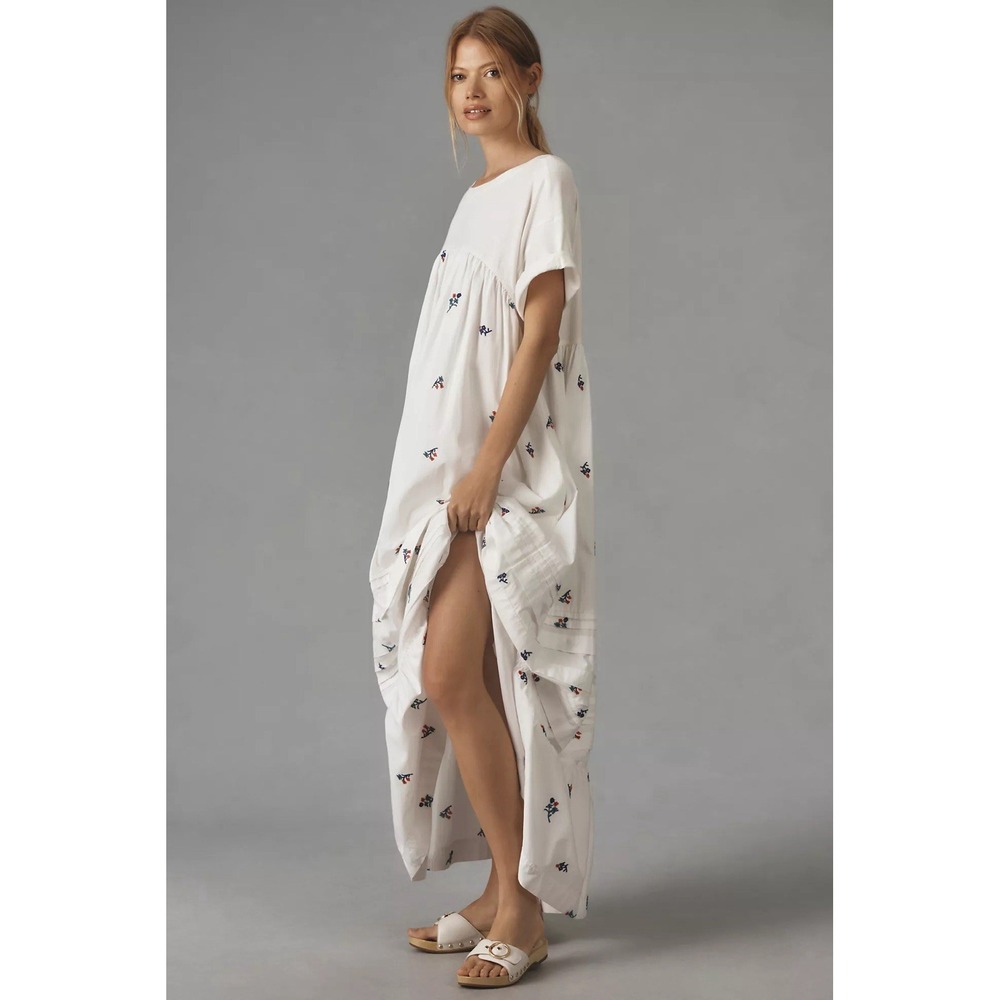 Pilcro Short Sleeve White Embroidered T-Shirt Maxi/Midi Dress S Anthropologie - Picture 2 of 16